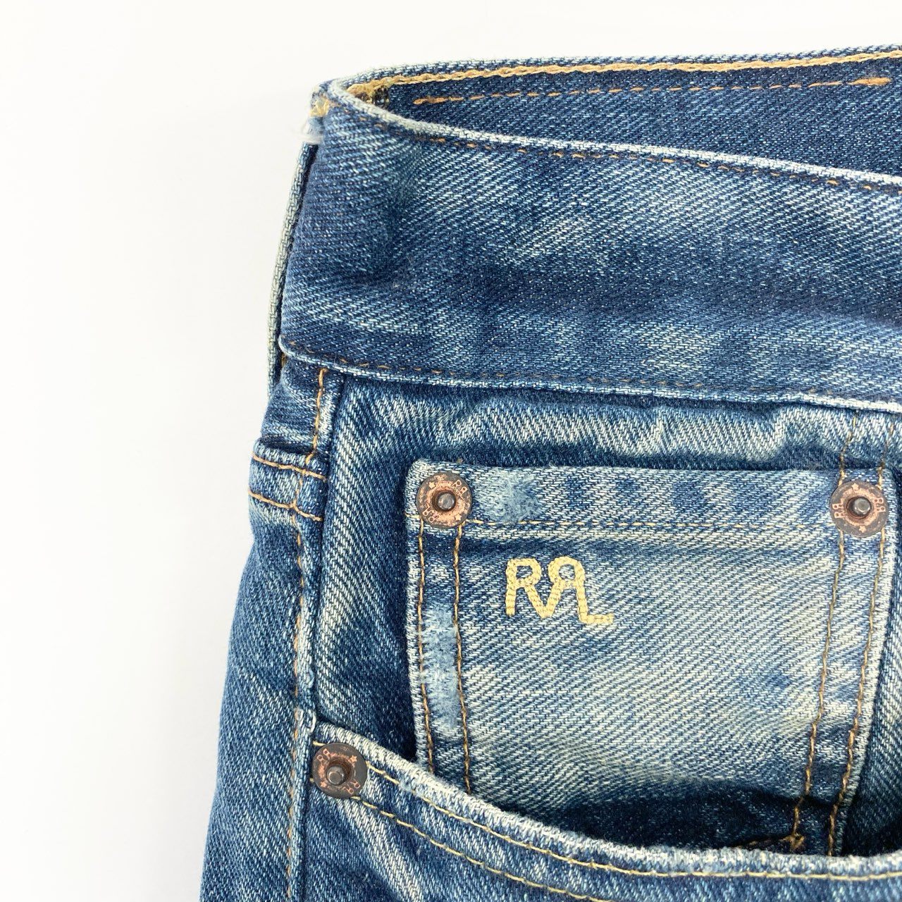 71i26 《美品》RRL ダブルアールエル デニムパンツ ダメージリペア加工 ジップフライ ロゴ刺繍 RN41381 29×30 インディゴ メンズk02i