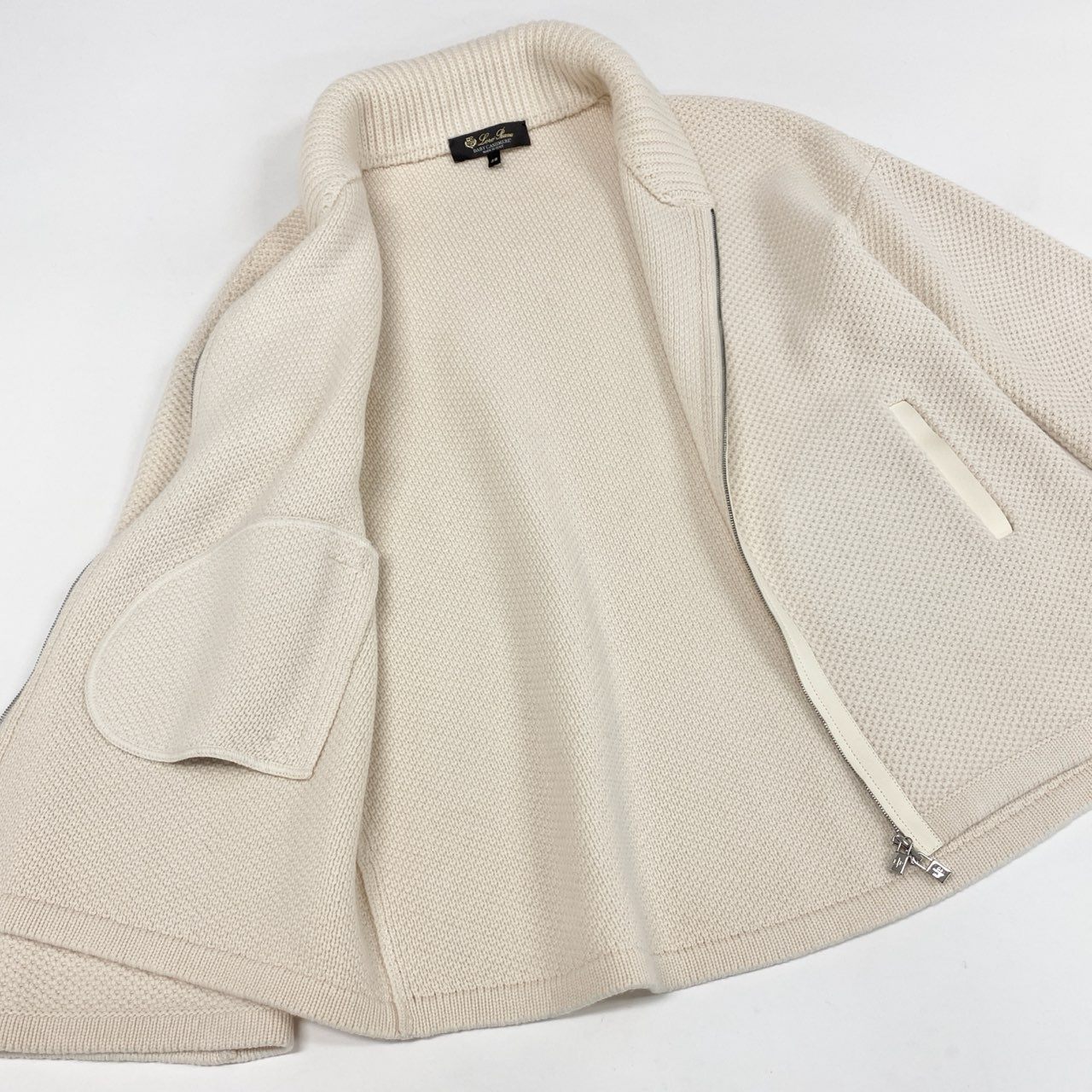 1l14 【極美品】 Loro Piana ロロピアーナ ショールカラー ベビーカシミヤ100% レザーパイピング ローゲージニットカーディガン サイズ38 クリーム ジップカーディガン レディース