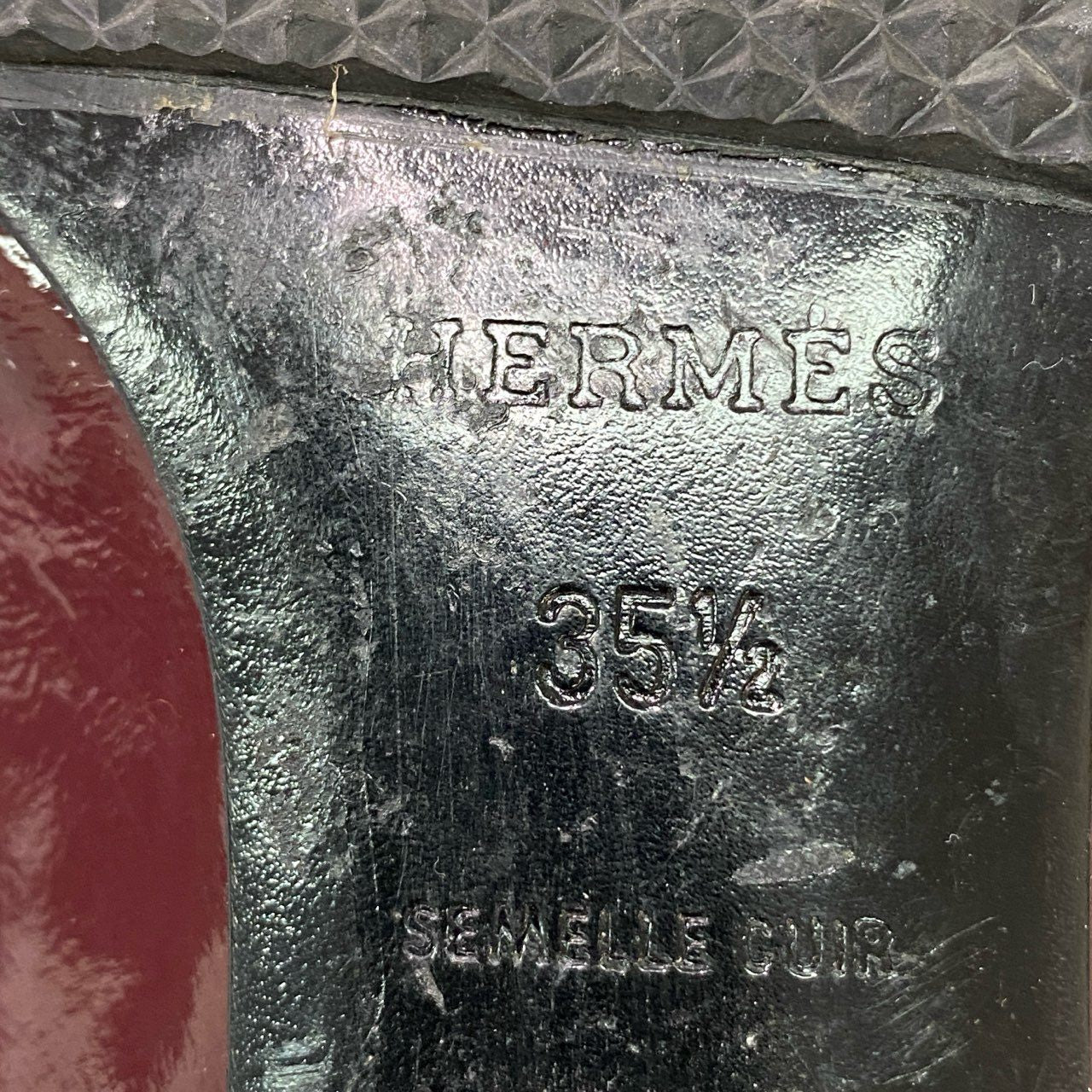 2c10 HERMES エルメス エブリン Hロゴ エナメル パンプス 35 1/2 ボルドー パテントレザー イタリア製 シューズ パンチング