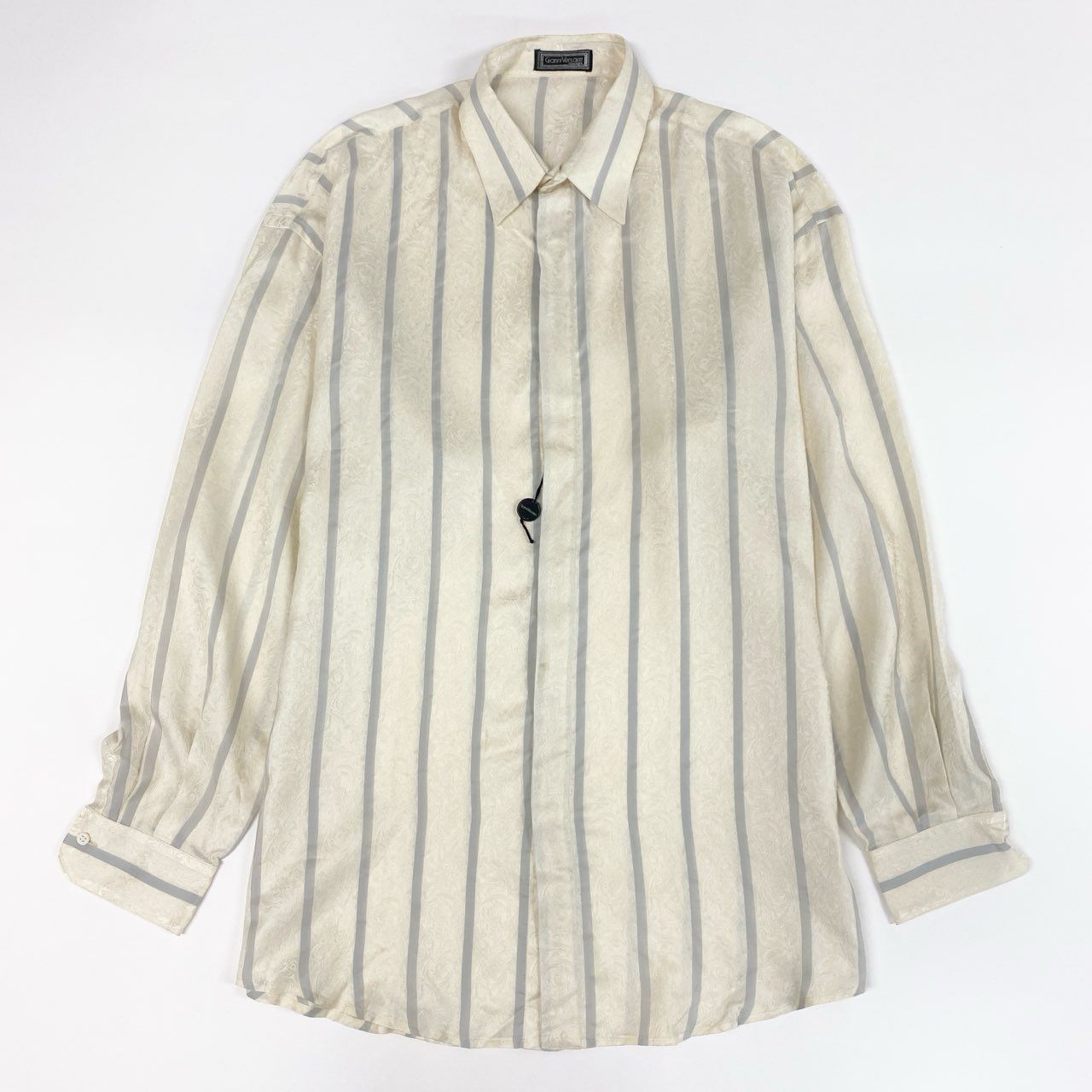 7f11 《極美品》 Gianni Versace ジャンニヴェルサーチ 総シルク 長袖シャツ とろみシャツ ストライプ バロック柄 透かし模様 イタリア製 50 アイボリー シルク100%