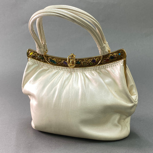 g29 HAMANO 傳濱野 ハマノ サンピエトロ ハンドバッグ ビジューバッグ がま口 ホワイト系 レディースk02i