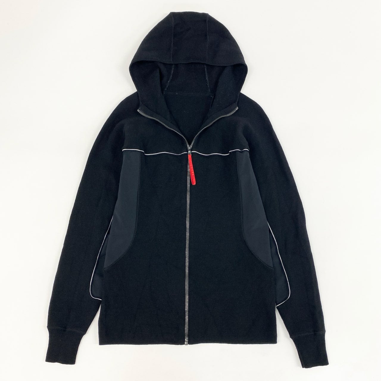 67d21 PRADA SPORT プラダスポーツ ナイロン切替 ジップアップ ニットジャケット フーディ パーカー イタリア製 46 ブラック ウール
