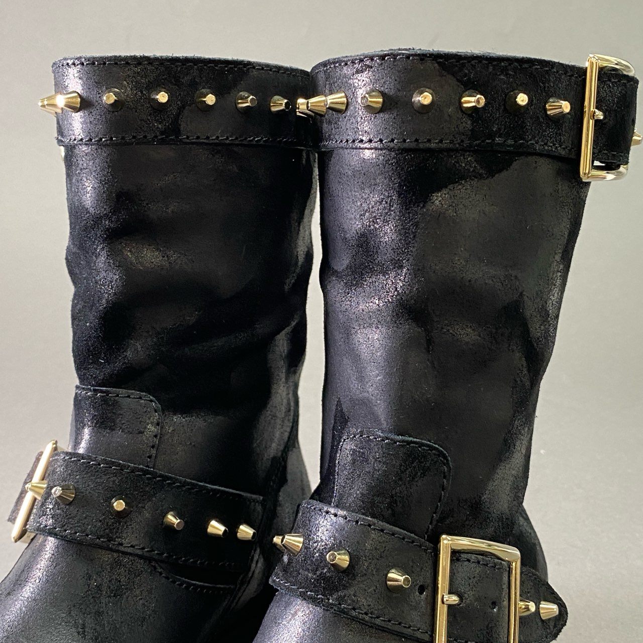 1d16 《美品》 JIMMY CHOO ジミーチュウ ワックス加工 スタッズバイカーブーツ 36 ブラック レザー シューズ イタリア製