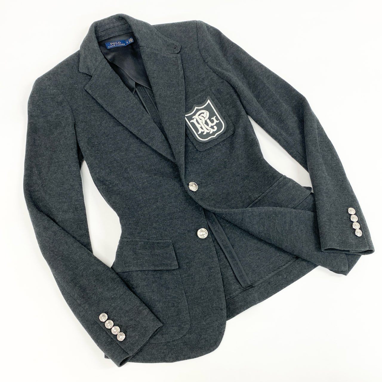 5d2 《美品》 POLO RALPH LAUREN ポロラルフローレン ロゴワッペン テーラードジャケット ブレザー ニットジャケット 0 グレー