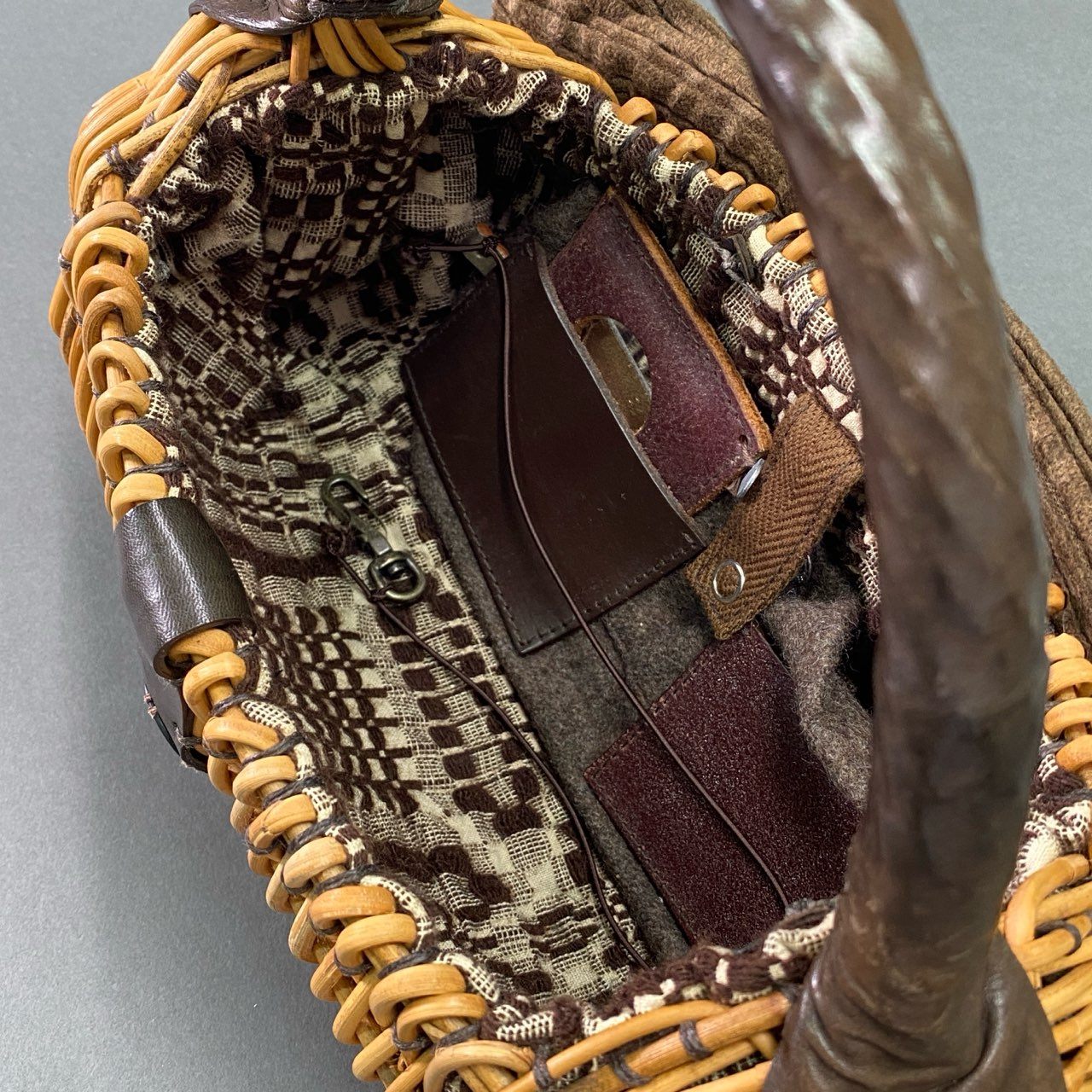 Fc6 ebagos エバゴス 08AW ナゼダイヤモンドガキニナルノダロウ かごバッグ ブラウン コンパクトミラー付き 手鏡 カバン