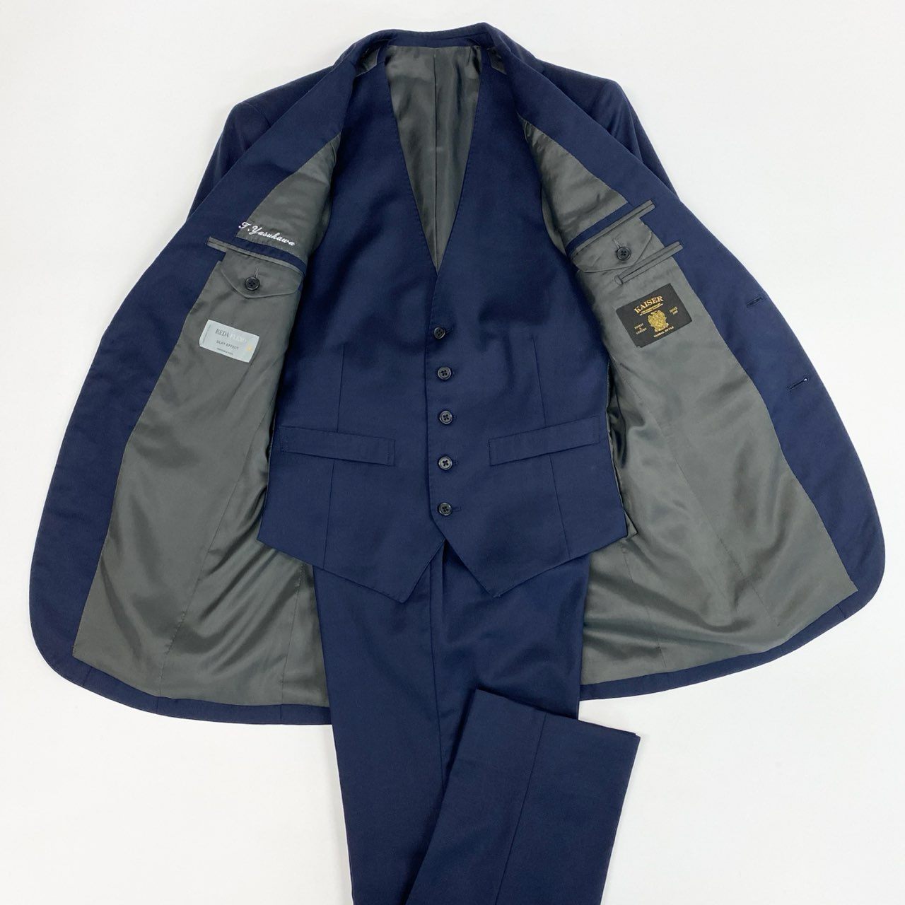 53j17 GINZA GLOBAL STYLE ギンザグローバルスタイル セットアップスーツ 3ピース 高級ライン KAISER シングルスーツ ネイビー メンズu02t
