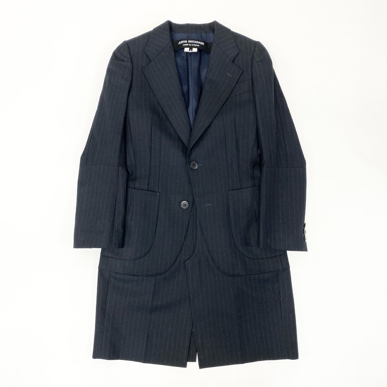 53h27 JUNYA WATANABE COMME des GARCONS ジュンヤワタナベ コムデギャルソン ニット切替 変形チェスターコート 日本製 ストライプ JJ-C006 Sサイズ ブラック ウール レディースo07t