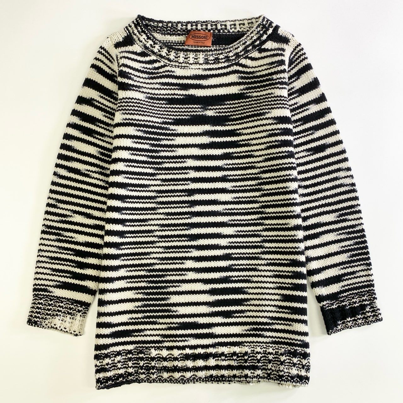 82j11 《美品》 MISSONI ミッソーニ カシミヤ100% モザイクボーダー ニットトップ セーター 40 ホワイト ブラック CASHMERE イタリア製