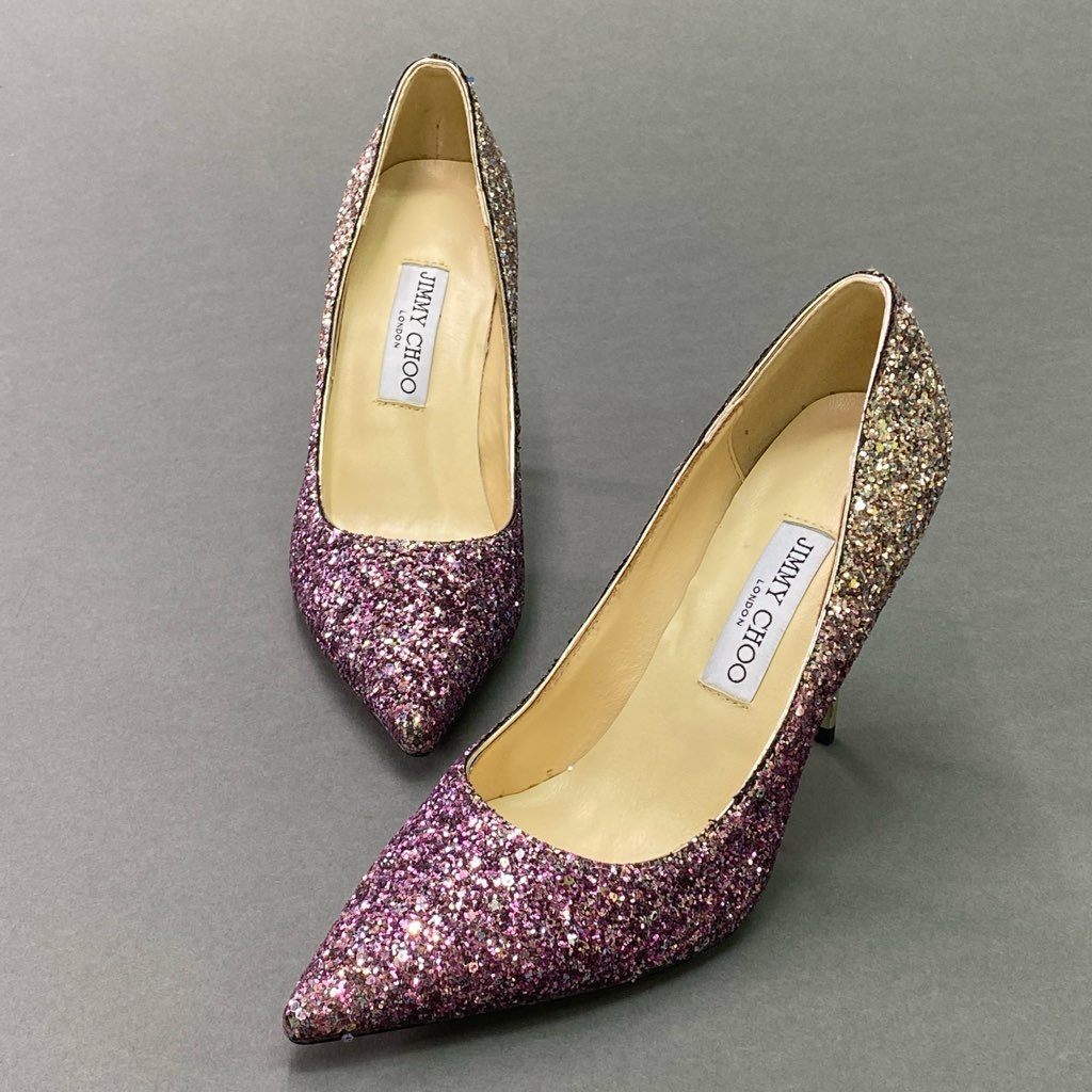 1d12 《美品》 JIMMY CHOO ジミーチュウ グリッター パンプス ピンヒール ラメ イタリア製 ハイヒールパンプス レディース 38 ピンク系 結婚式
