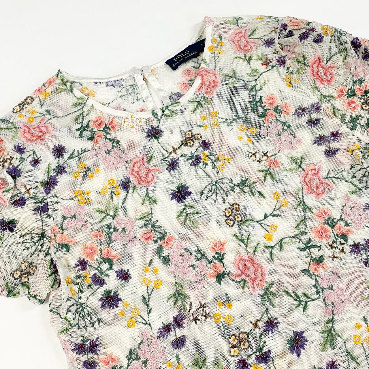 65d30 《新品タグ付き》 POLO RALPH LAUREN ポロ ラルフローレン 半袖レースカットソー Tシャツ トップス サイズM マルチカラー 花柄 コットン ナイロン レディース