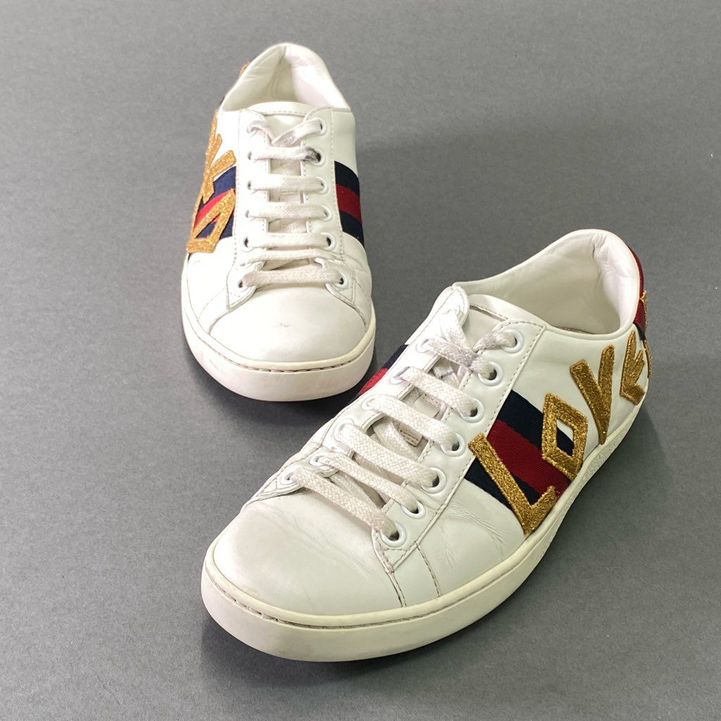 8e18 GUCCI グッチ エンブロイダリー LOVED スニーカー 34 1/2 ホワイト レザー シューズ イタリア製