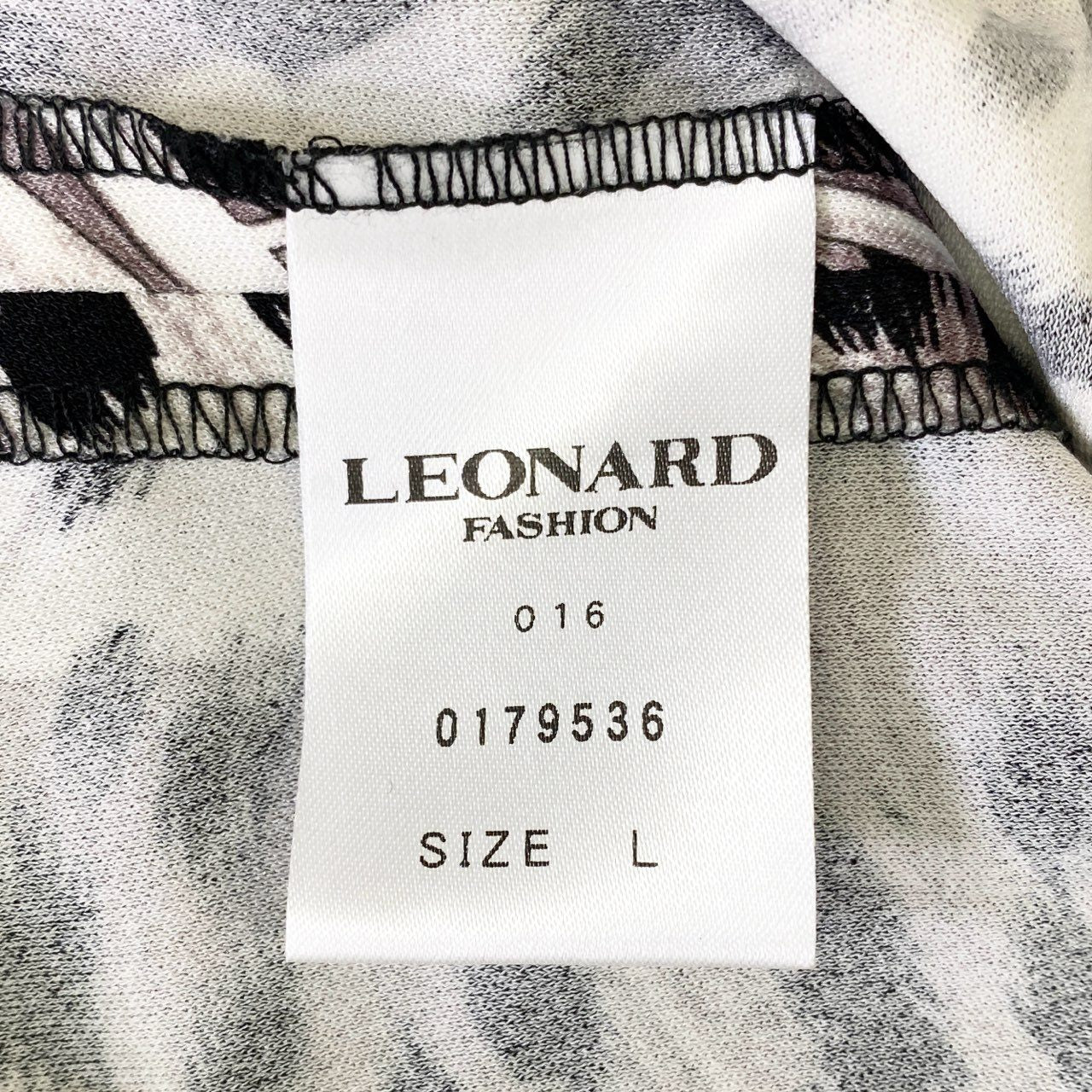 86j11 LEONARD レオナール カンカン素材 7分袖 Tシャツ カットソー トップス レオパードプリント 0179536 サイズL ブラック ホワイト アセテート ポリエステル レディース 日本製
