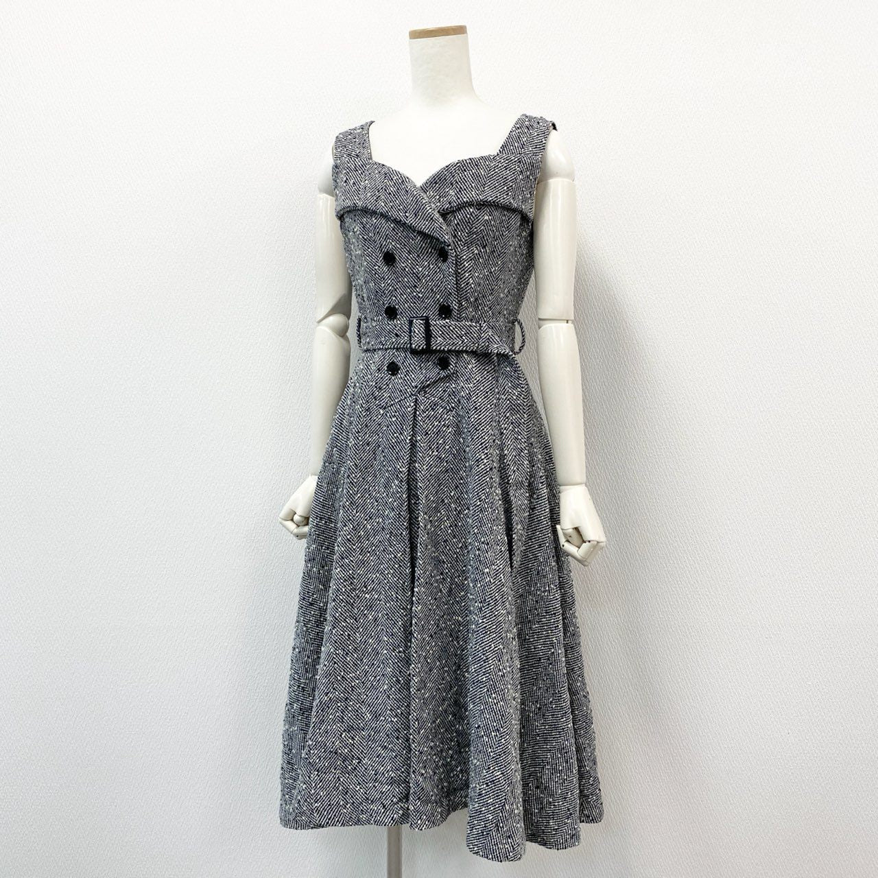 74c14 【美品】 sheller シェリエ トレンチドレス ノースリーブワンピース オケージョンワンピース ヘリンボーン ツイード SL174031003 F グレー