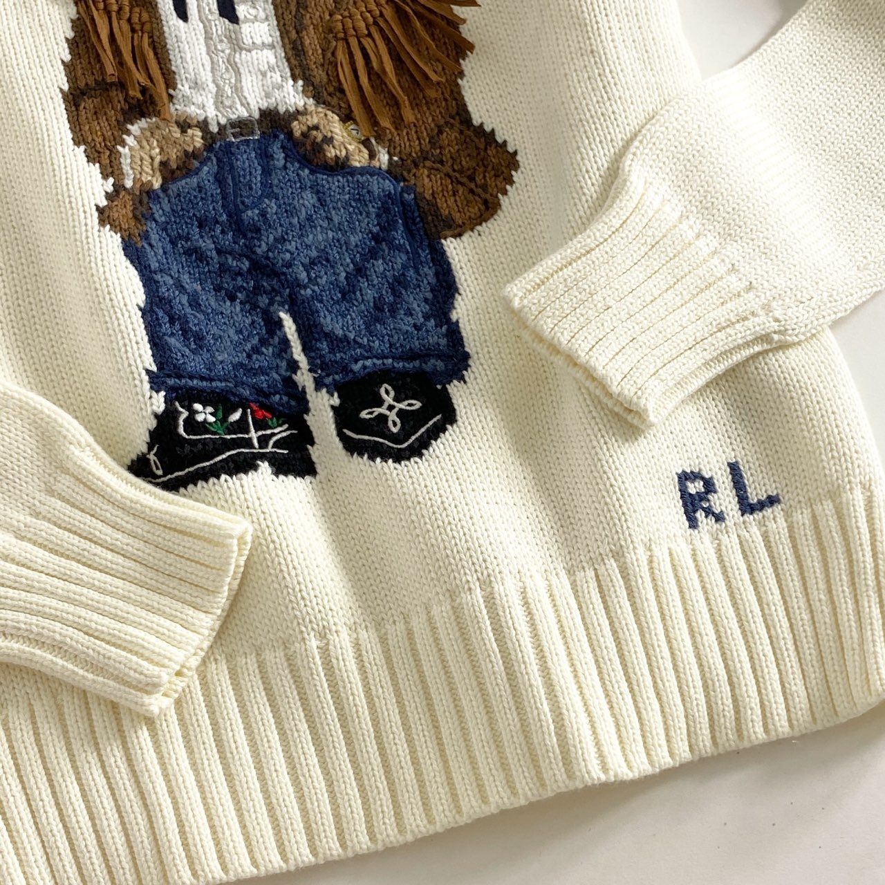 35g28 《極美品》 タグ付 POLO RALPH LAUREN ポロラルフローレン ポロベア クルーネック ニット セーター トップス フリンジ XS ホワイト クリーム系 コットン