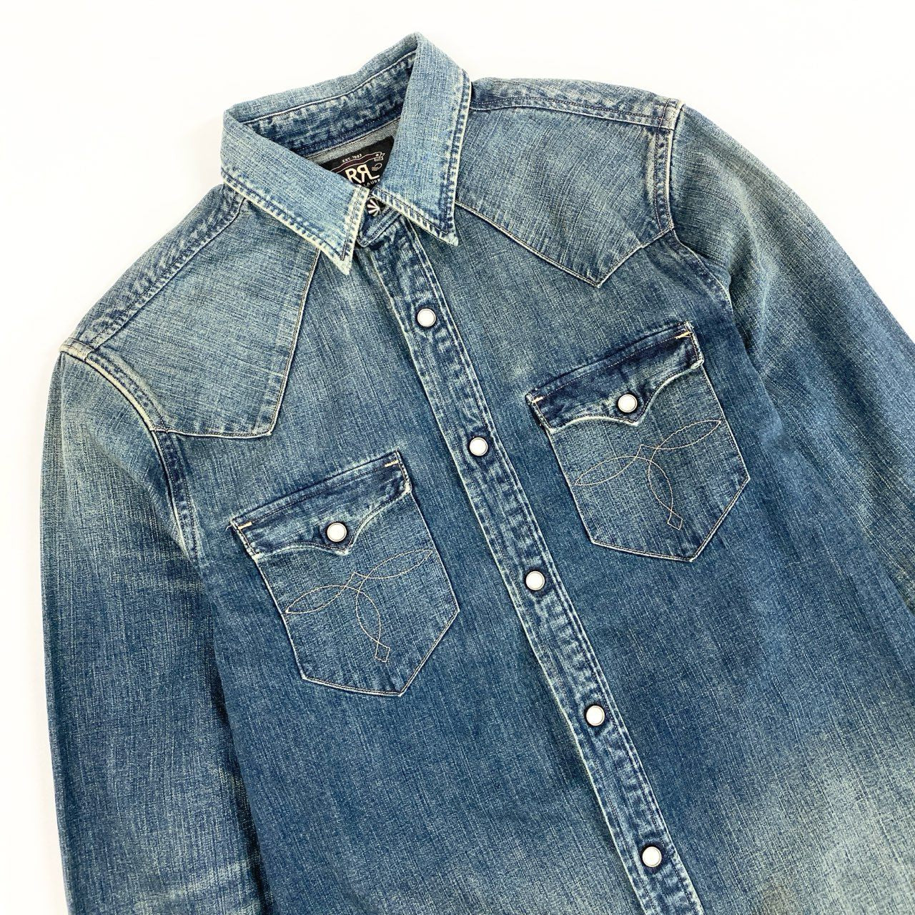 55h28 《美品》RALPH LAUREN RRL ラルフローレン ダブルアールエル 長袖シャツ デニムシャツ ウエスタンシャツ ロングスリーブ Sサイズ インディゴ メンズ 男性用k02i