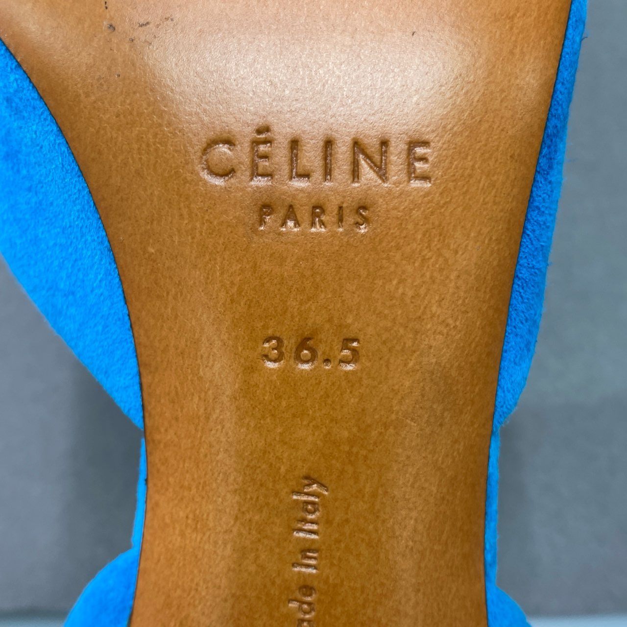 6f4 《美品》 CELINE セリーヌ D'Orsay ドルセー サイドオープン スエードパンプス 36.5 ターコイズ ブルー レザー シューズ 箱付き