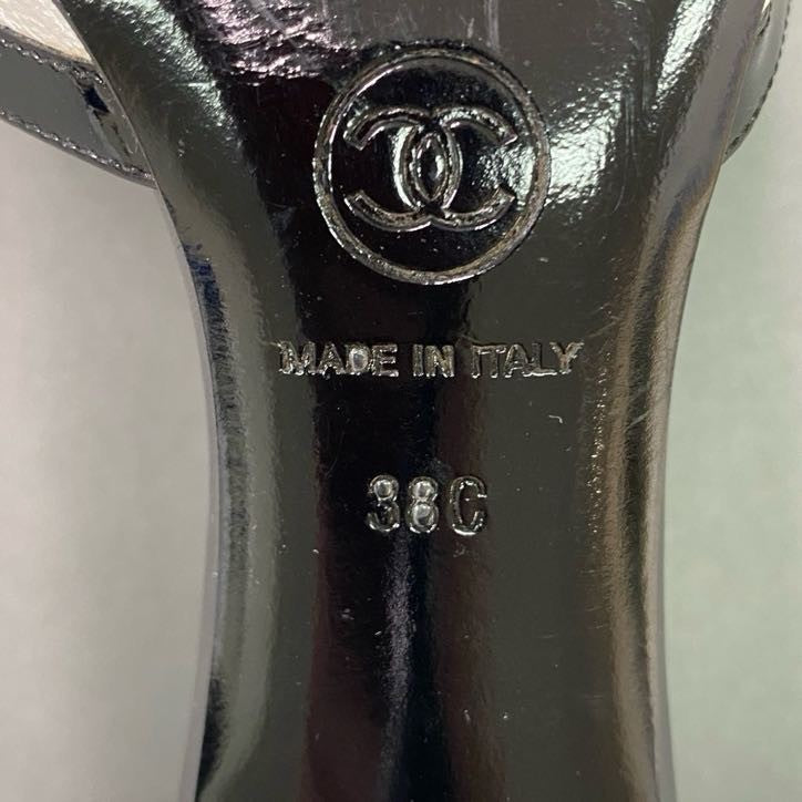 1a6 CHANEL シャネル パールココマーク ストラップパンプス 38 ホワイト ブラック エナメル レザー イタリア製 サンダル