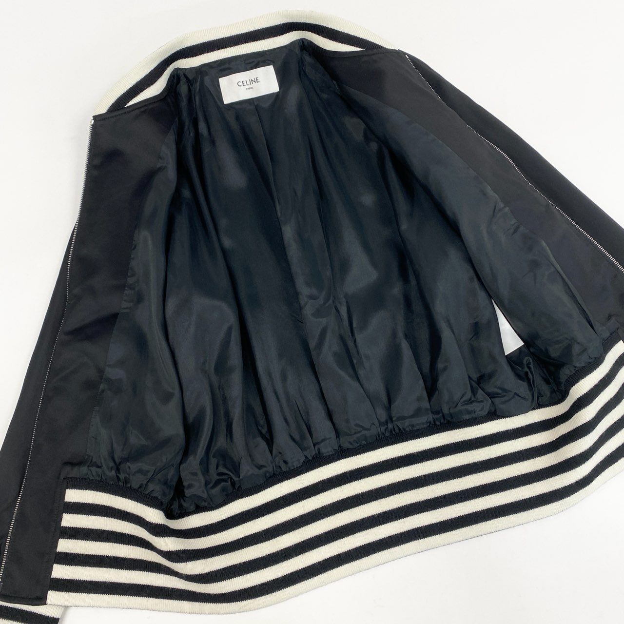 32l26 《美品》 イタリア製 CELINE セリーヌ 22SS パームツリーエンブロイダリーテディジャケット スタッズ レザー切替 ブルゾン 2V57H851C 44 ブラック