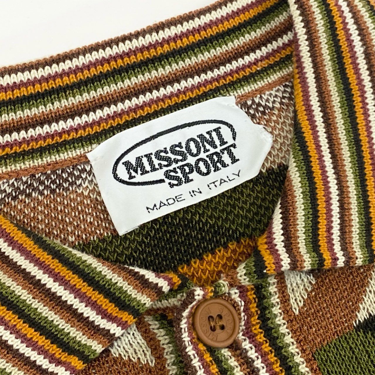 14f12 MISSONI ミッソーニ 幾何学 長袖 サマーニットポロシャツ M 茶系 プルオーバー イタリア製 紳士服