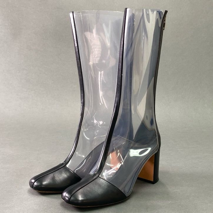 3f5 《美品》 CELINE セリーヌ フィービー期 バックジップ クリアロングブーツ 37.5 - 38 ブラック レザー シューズ イタリア背