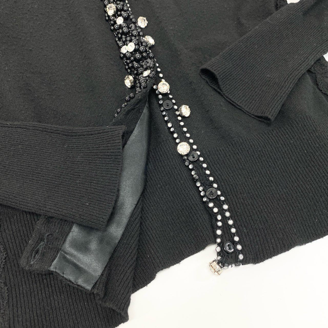 65j9 Blumarine ブルマリン ニットカーディガン 装飾 ニットセーター ラインストーン ビーズ レース 42サイズ ブラック レディースo07t