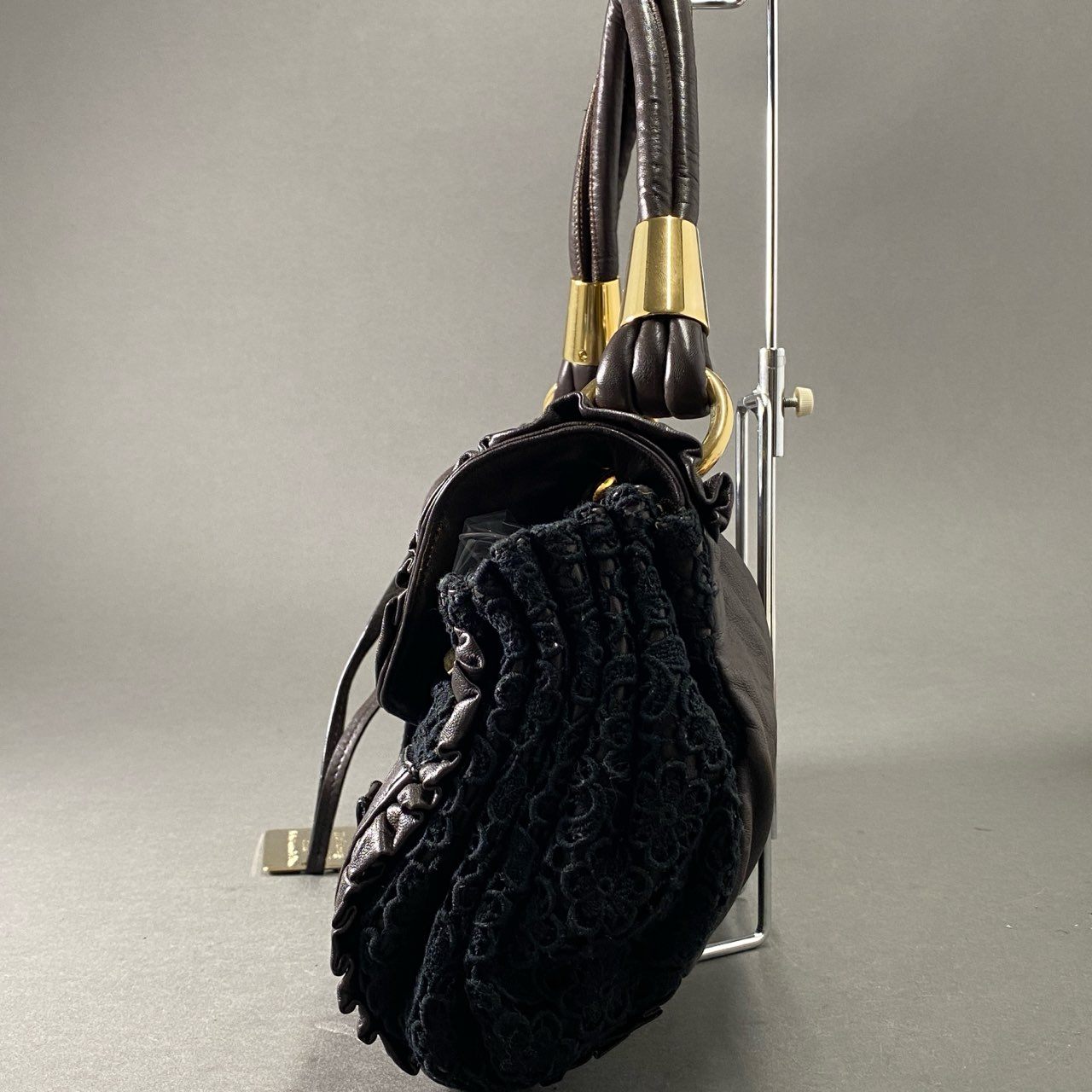 Ae19 DOLCE&GABBANA ドルチェアンドガッバーナ レース レザー ワンショルダーバッグ ハンドバッグ D&G ドルガバ ブラウン ブラック leather