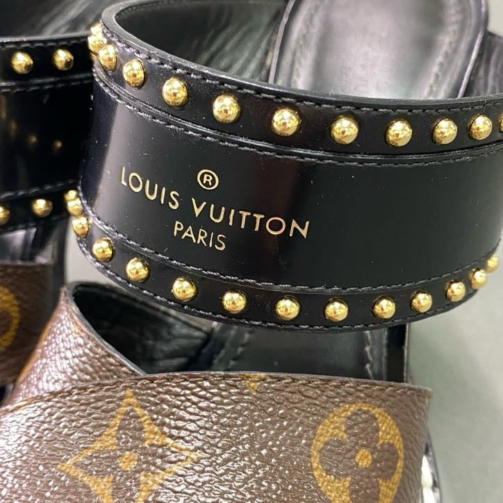 4f4 LOUIS VUITTON ルイヴィトン モノグラムキャンバス スタートレイルライン チャンキーヒール ミュール サンダル シューズ スタッズ 35 12 ブラウン ブラック