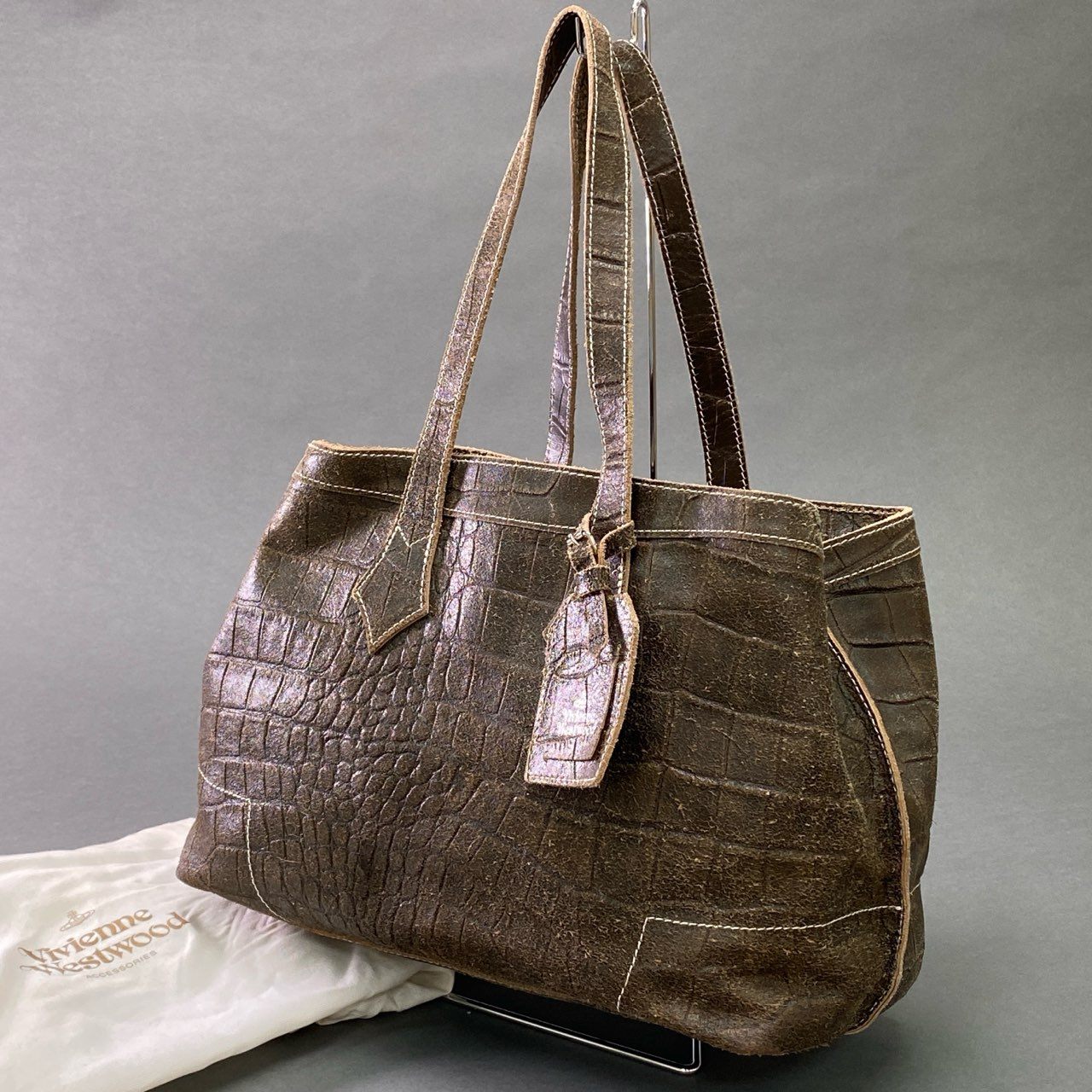 Ac6 Vivienne Westwood ヴィヴィアン ウェストウッド ORB オーブアイコン クラックレザー トートバッグ ブラウン Leather ショルダーバッグ クロコ型押し カバン 保存袋付属