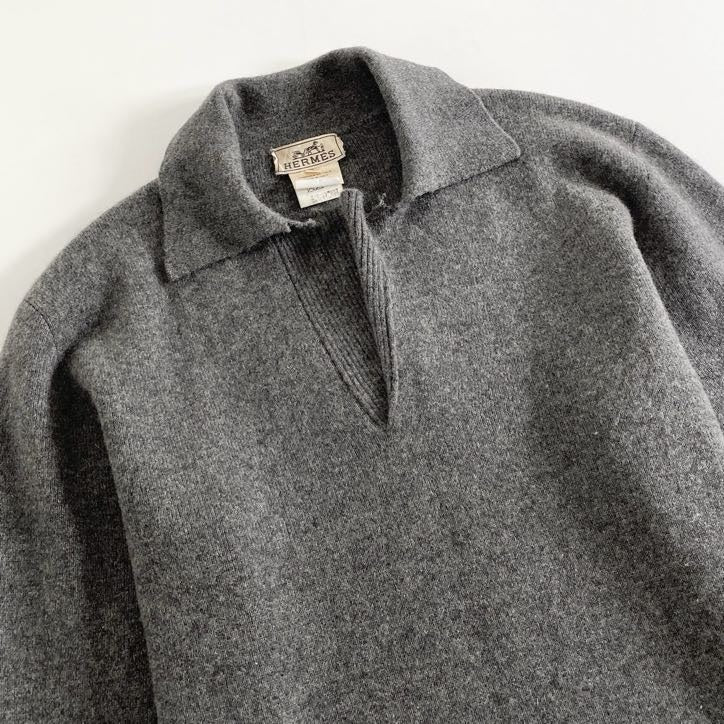 5i4 HERMES エルメス 襟付き カシミヤニットトップ セーター S グレー CASHMERE 100% イタリア製