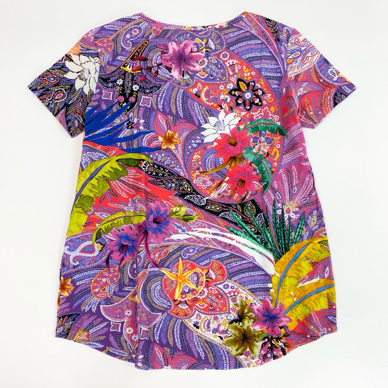 67j6《美品》 ETRO エトロ イタリア製 半袖Tシャツ クルーネック カットソー 花柄プリント ストレッチ◎ レディース 女性用 マルチカラー コットン100%u02t