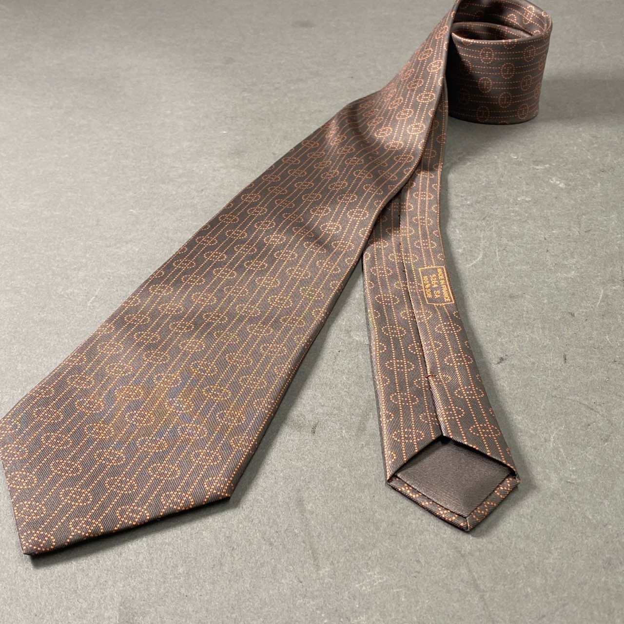 1f12 【美品】 HERMES エルメス Hロゴ エルメスオレンジ シルクネクタイ ブラウン シルク100% メンズ