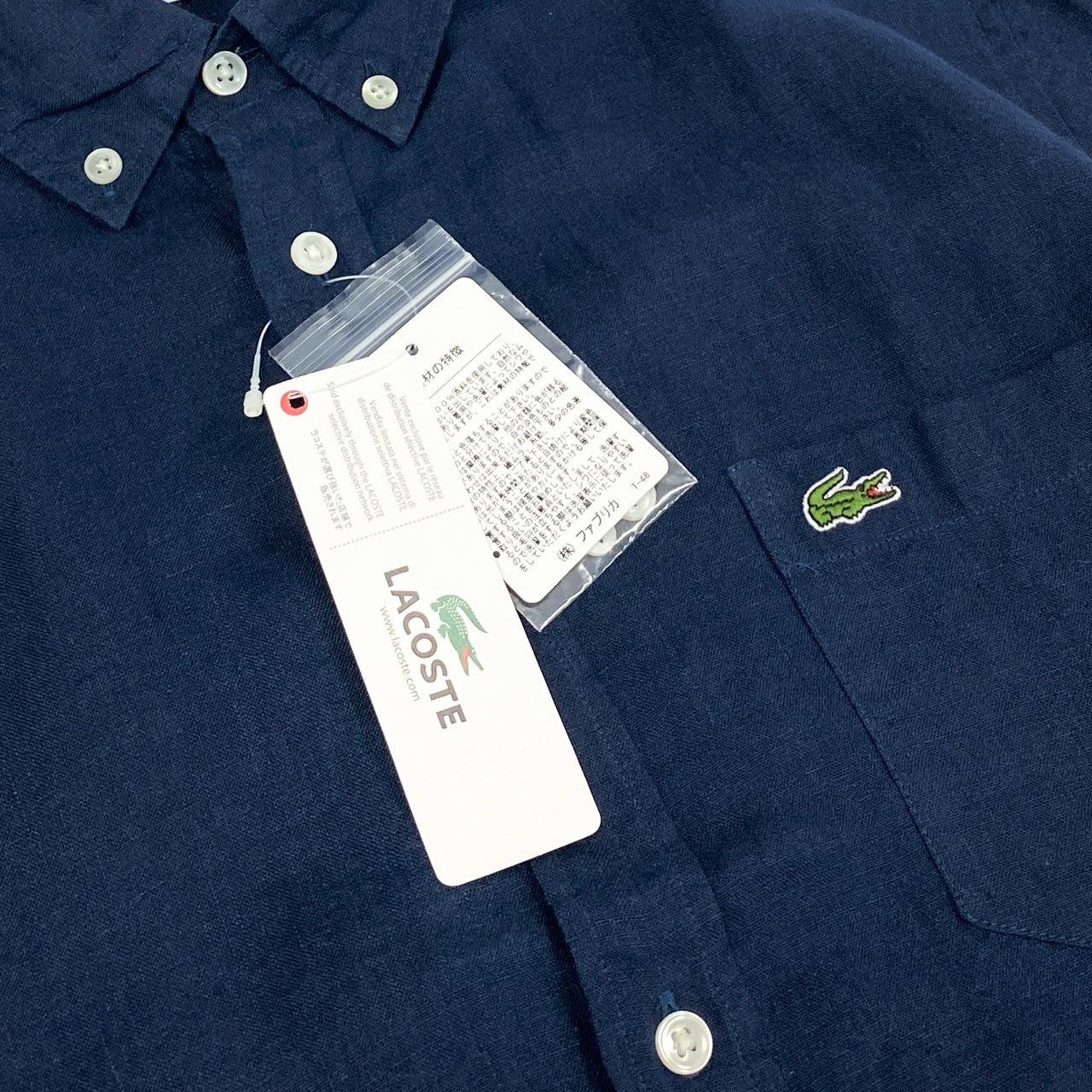 18f19 《未使用保管品》タグ付 LACOSTE ラコステ 総リネン ボタンダウン半袖シャツ ビジネス◎ カジュアル◎ CH8736 4 Lサイズ ネイビー 麻100%