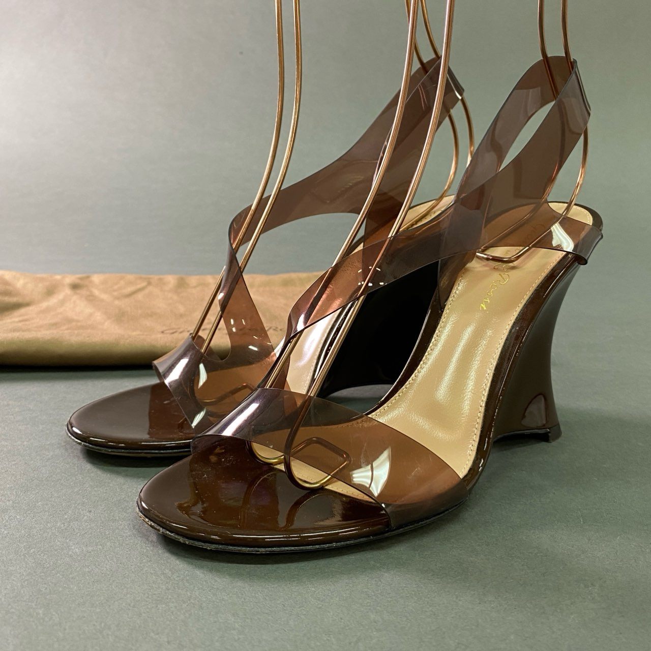 7a28 Gianvito Rossi ジャンヴィトロッシ Metropolis メトロポリス ガラスウェッジ サンダル シューズ イタリア製 37 ブラウン