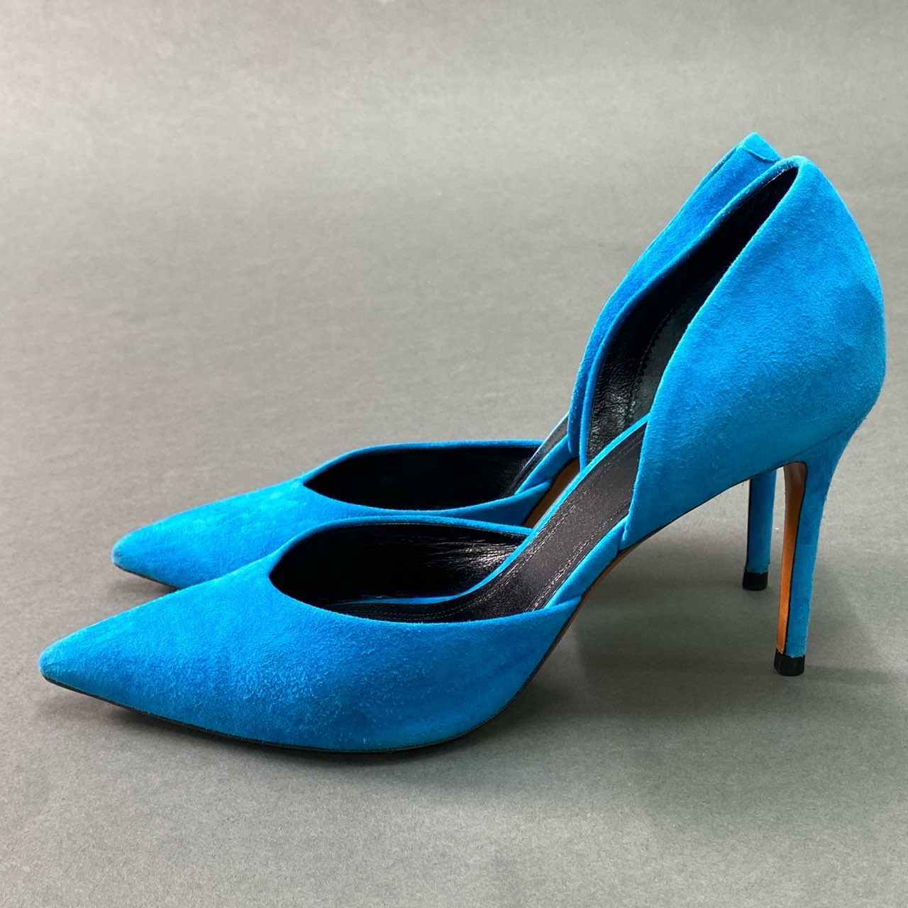 6f4 《美品》 CELINE セリーヌ D'Orsay ドルセー サイドオープン スエードパンプス 36.5 ターコイズ ブルー レザー シューズ 箱付き