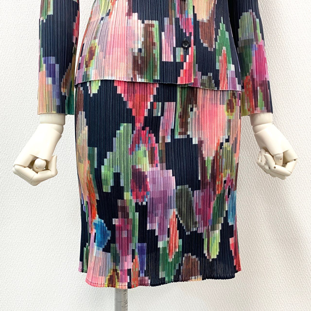 43c3 《美品》 PLEATS PLEASE プリーツプリーズ モザイクプリント プリーツセットアップ 3 マルチカラー シャツ スカート ISSEY MIYAKE イッセイミヤケ