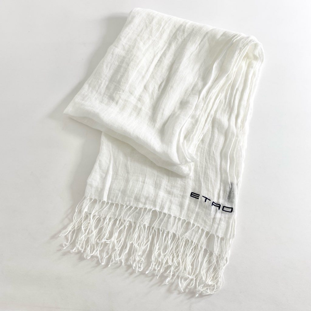3f8 ETRO エトロ イタリア製 リネンストール ホワイト 麻100% フリンジ MADE IN ITALY LINEN STOLE