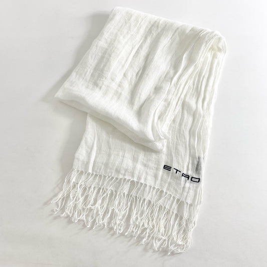 3f8 ETRO エトロ イタリア製 リネンストール ホワイト 麻100% フリンジ MADE IN ITALY LINEN STOLE