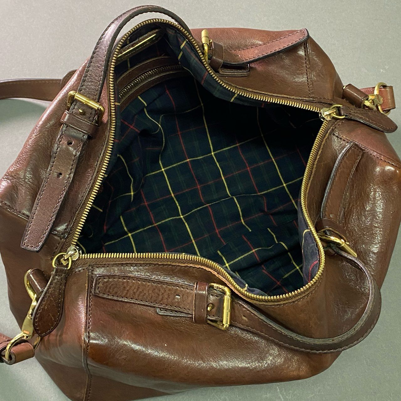 Db28 RALPH LAUREN ラルフローレン ミニボストンバッグ レザーバッグ ショルダーバッグ 2way 裏地チェック柄 ブラウン 本革