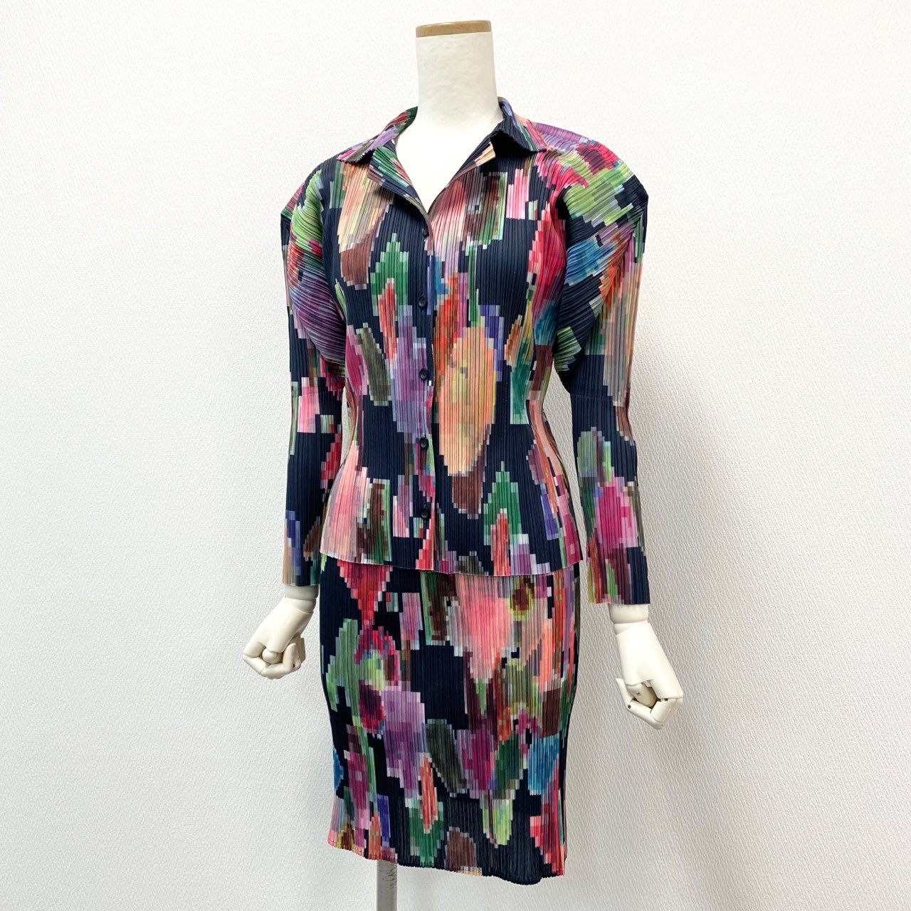 43c3 《美品》 PLEATS PLEASE プリーツプリーズ モザイクプリント プリーツセットアップ 3 マルチカラー シャツ スカート ISSEY MIYAKE イッセイミヤケ