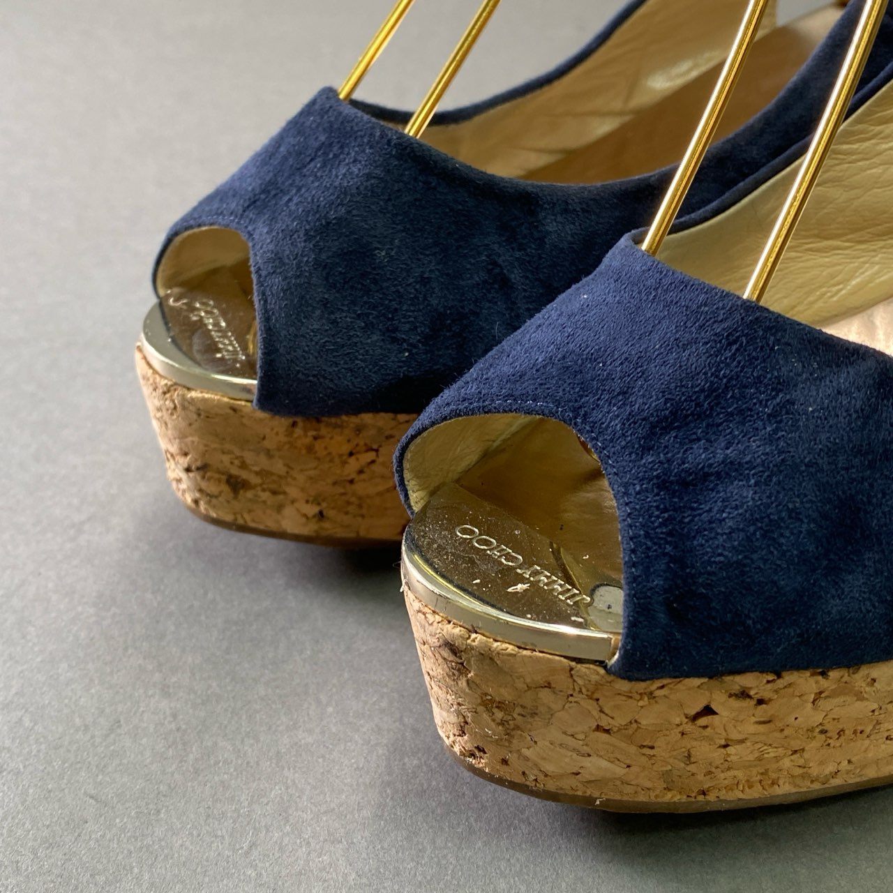 7d16 JIMMY CHOO ジミーチュウ ウェッジコルクソール スエードサンダル 38 ネイビー レザー シューズ イタリア製 夏