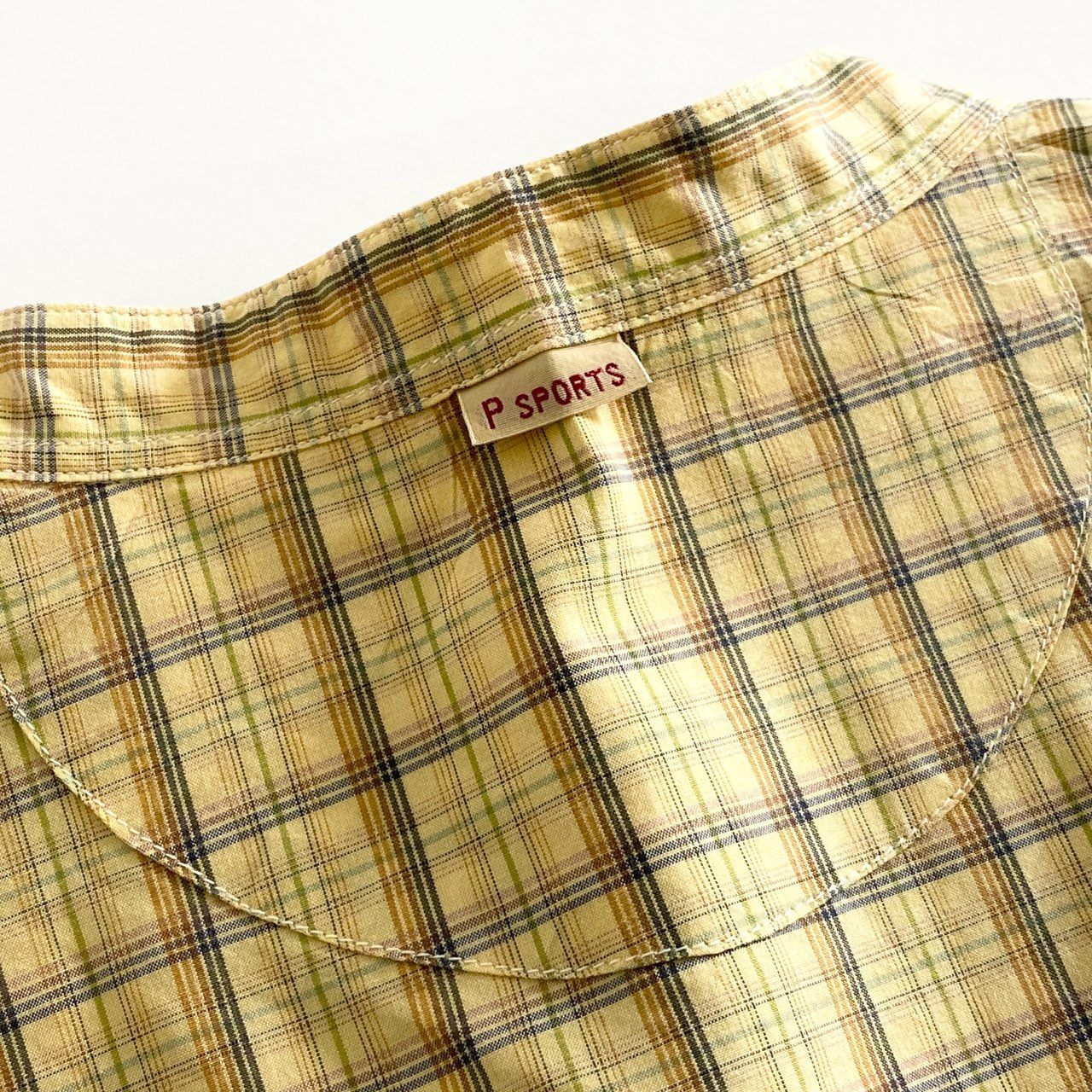 77d12 日本製 Papas パパス 長袖シャツ チェックシャツ バンドカラーシャツ M イエロー×ホワイト コットン100% メンズ 紳士服