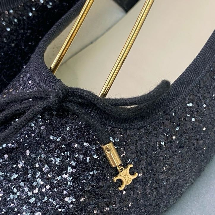 2l22 CELINE セリーヌ グリッター ロゴチャーム バレエシューズ 39 ブラック ラメ リボン フラットシューズ イタリア製 セレモニー 結婚式