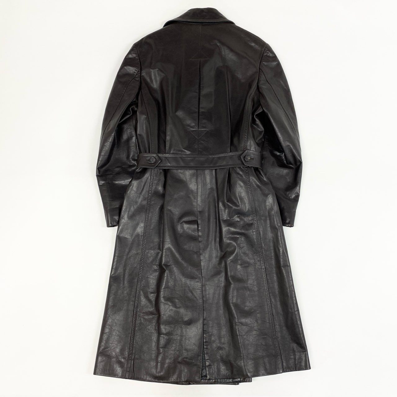 77d30 Paul Smith COLLECTION ポールスミスコレクション カウレザー ベルテッドロングトレンチコート アウター バイカラー Lサイズ ブラウン ブラック 牛革