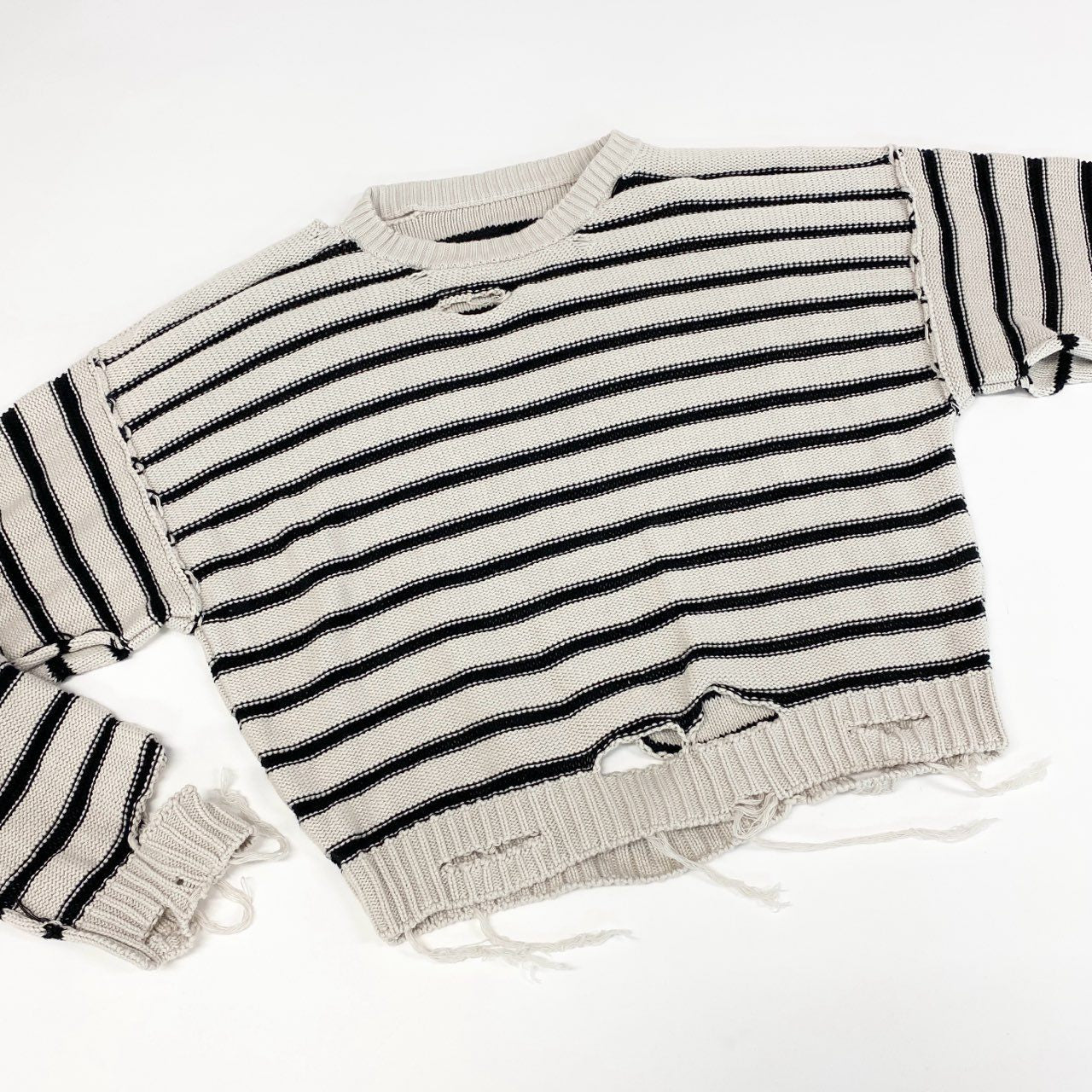 19g28《美品》 MM6 エムエムシックス メゾンマルジェラ Border sweater ダメージ加工 コットンニットセーター イタリア製 S52GP0141 XS ベージュ ブラック コットン レディース