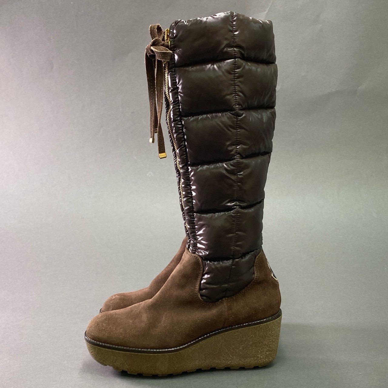 1e16 MONCLER モンクレール フロントジップ ロングダウンブーツ 37 ブラウン スエードレザー ウェッジソール シューズ