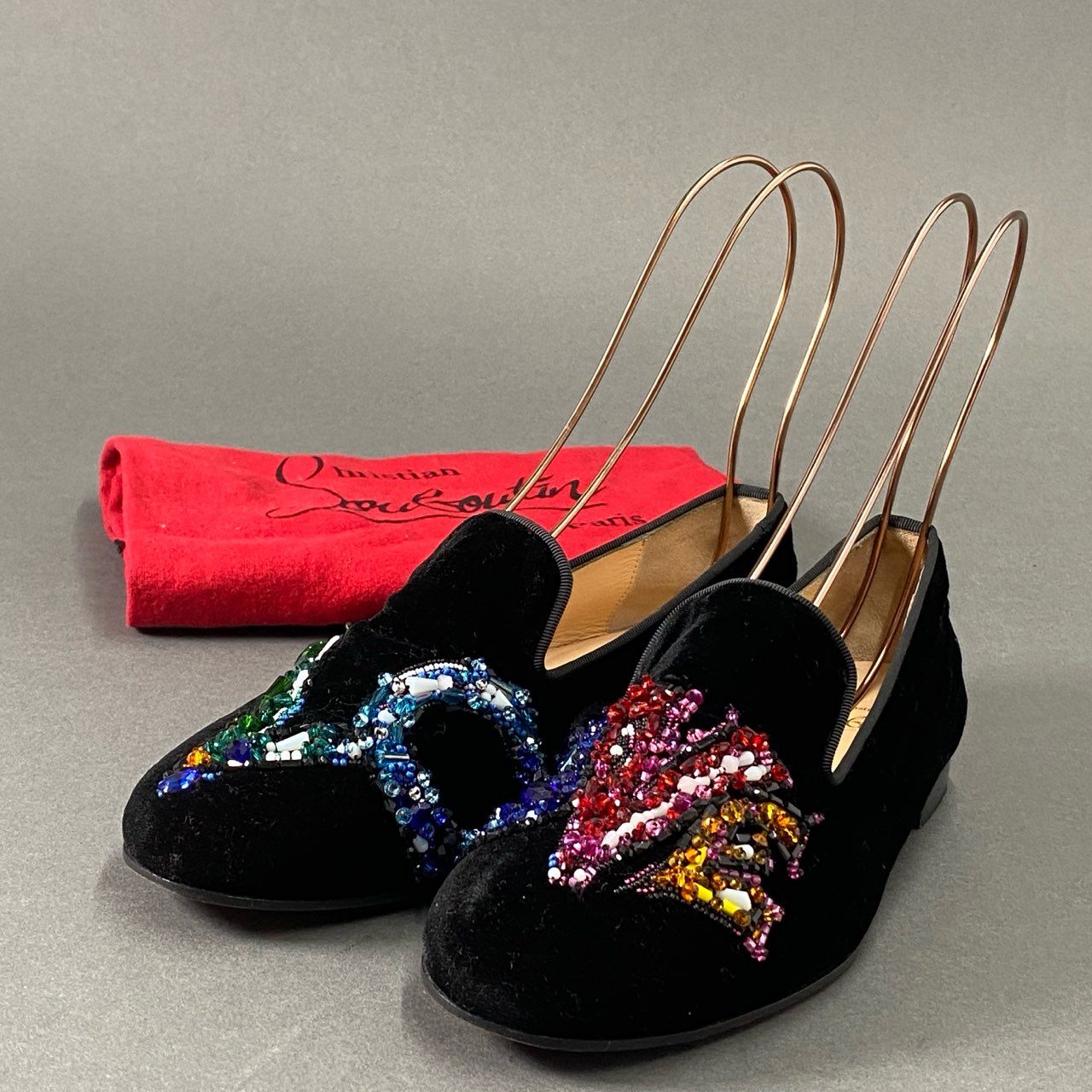 3i27 Christian Louboutin クリスチャンルブタン LOVE ビーズ ベルベット スリッポン シューズ パンプス フラット イタリア製 36 ブラック マルチカラー ベロア