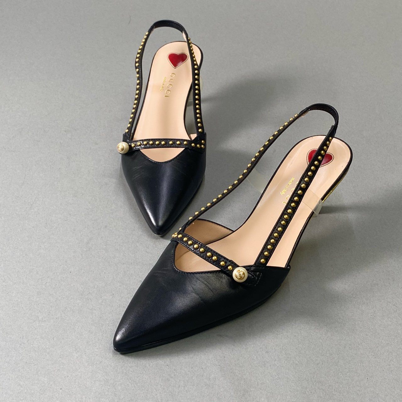 6i18 GUCCI グッチ スリングバック パンプス スタッズ パール バンブーヒール シューズ イタリア製 460127 34 1/2 ブラック レザー レディースk02i