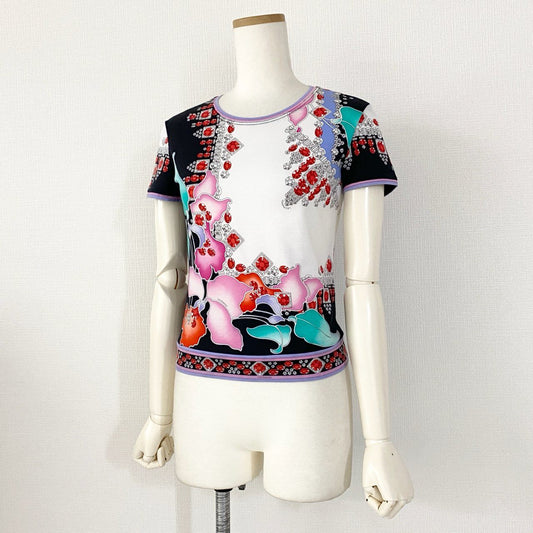 57e25 《美品》 LEONARD レオナール 半袖Tシャツ カットソー トップス 美しい花柄プリント サイズM マルチカラー コットン100% レディース 日本製