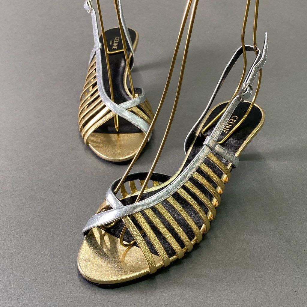 3d5 CELINE セリーヌ スリングバック ローヒール サンダル パンプス グラディエーター 35 ゴールド シルバー