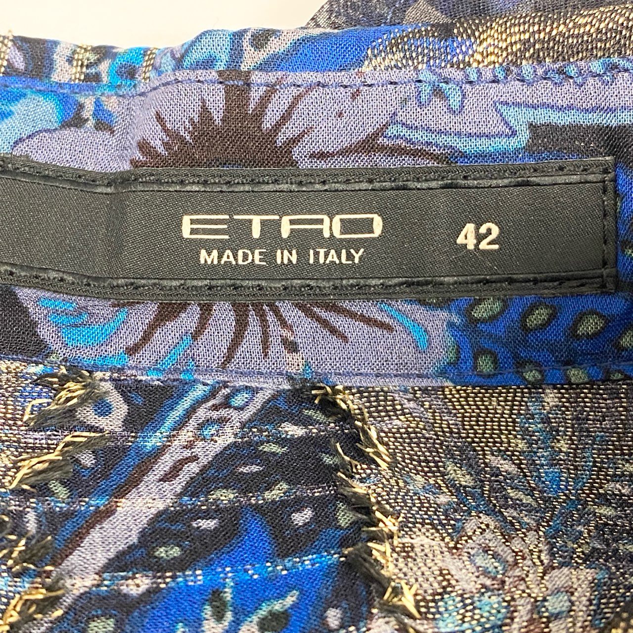 44b18 ETRO エトロ ロングスリーブ シアーシャツ 美しい花柄プリント ゴールド刺繍 シルクブレンド イタリア製 レディース 女性用 サイズ42 ネイビーu02t